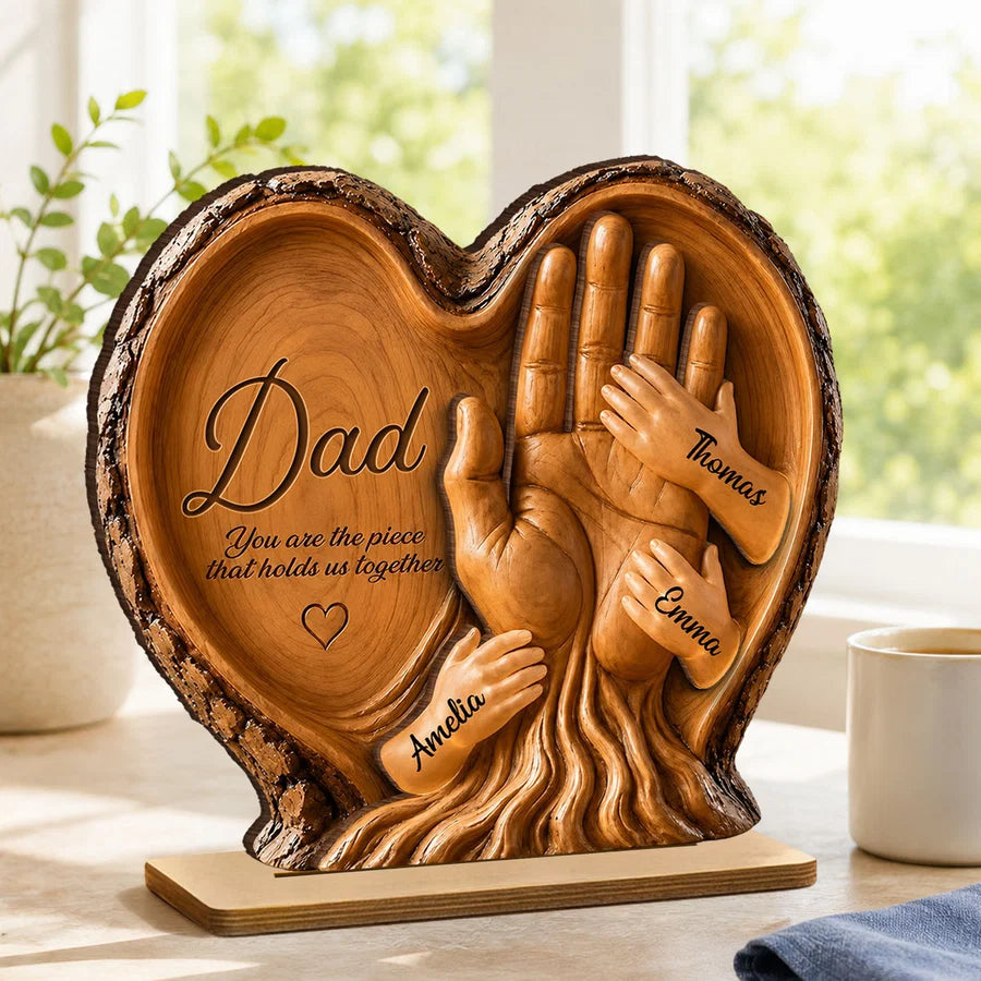 Dad Holds Kids Hands - Personalized 2-Layered Wooden Plaque - Heartfelt Gift For Dad, Husband