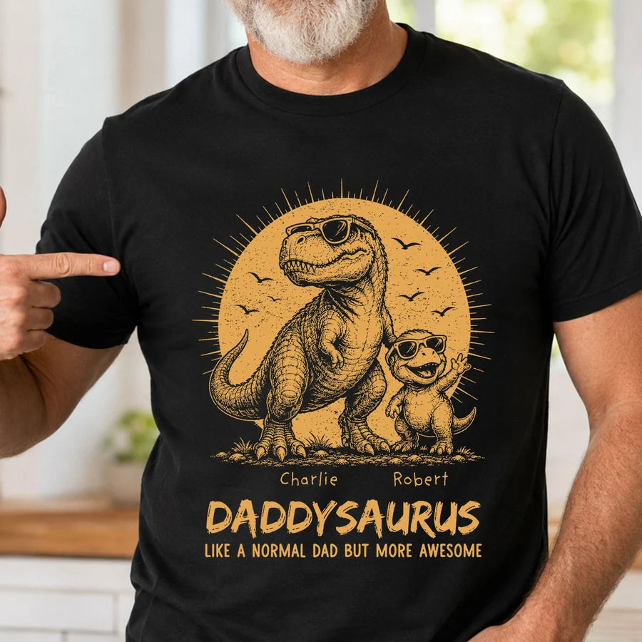 Retro Yellow Vintage Daddysaurus - Personalized Shirt - Funny Father's Day Gift For Dad, Husband