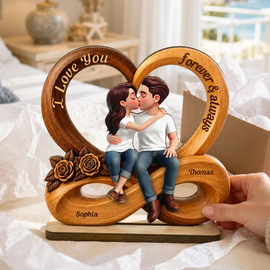 Couple Love You Forever & Always Infinity Heart - Personalized 2-Layered Wooden Plaque - Anniversary Gift For Couple, For Him, For Her