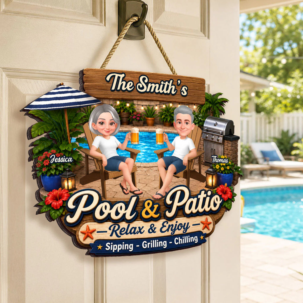 Welcome To Our Pool & Patio - Personalized Wood Sign - Gift For Couple, Summer Patio Pool Decoration