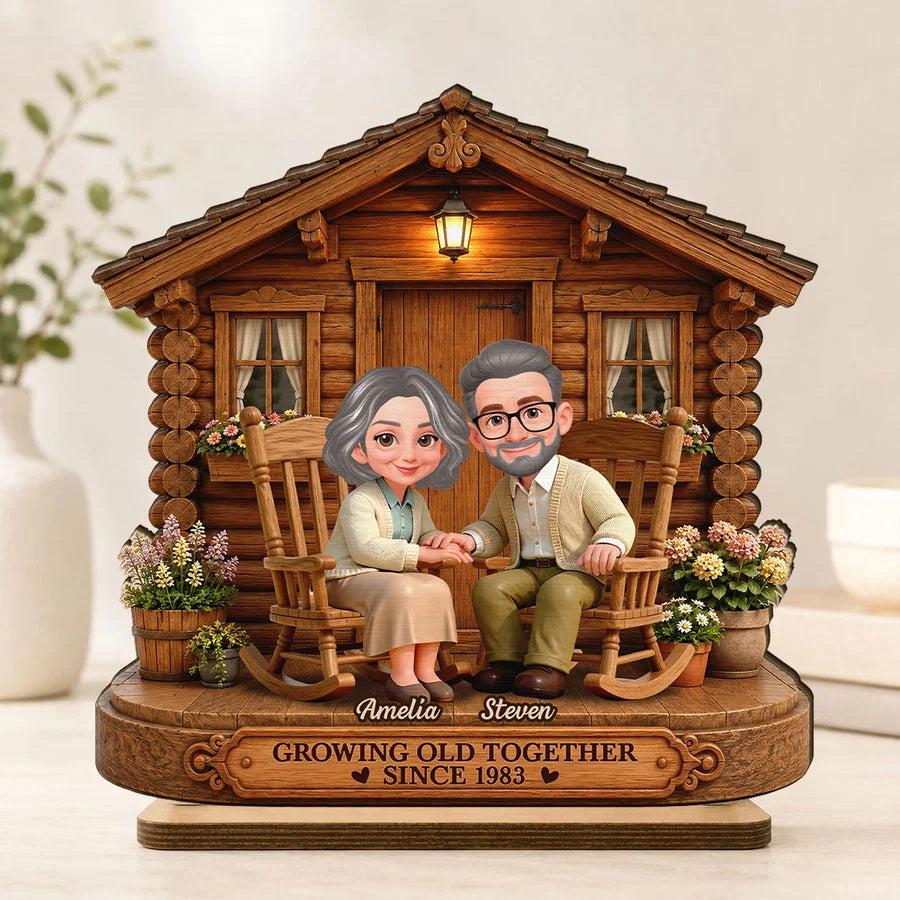 Eternal Love Couple Growing Old Together Cabin Wood House - Personalized 2-Layered Wooden Plaque - Anniversary Gift For Couple