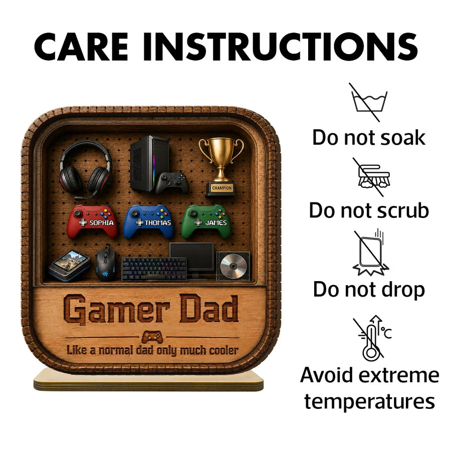 Gamer Dad Gaming Shelf Display With Kids Name 2D Flat - Personalized Wooden Plaque
